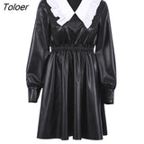 Streetwear Pu Spliced Peter Pan Collar Mini Dress Female Leather High Waist Autumn Black Dress Long Sleeve Trendy
