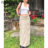 Summer Y2K Casual Long Cargo Skirts Women Solid Baggy Low Waist Midi Skirts Streetwear With Pockets Chic Vacation