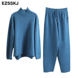 2 Pieces Set Women Knitted Tracksuit Turtleneck Sweater + Carrot Jogging Pants Pullover 2022 Sweater Set CHIC Knitted