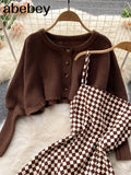 Winter Fashion Korean Set Women Long Sleeve Short Knit Cardigan+Sleeveless Plaid Strap Dresses Two Piece