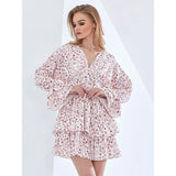 Ruffle Floral Print Women's Dress V Neck Long Sleeve Color Block High Waist Mini Dresses Female 2022 Fashion