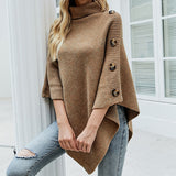 Autumn Winter Button Poncho Women Sweater Oversized Turtleneck Jumper Knitwear Holiday Vintage Cape Batwing Sleeve
