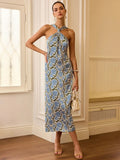 New Women's Holiday Style Hanging Neck Sling Skirt French Temperament Print