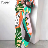 High Neck Knit Wide Leg Pants Suits Two-piece Set 2023 Autumn Winter New Printed Long Sleeve Women's Tops +