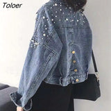 2023 New Pearls Denim Coats for Women Fashion Buttons Long Sleeve Crop Tops Woman Blue Loose Streetwear Jackets