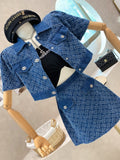 Summer New Street Fashion Women's Suit With Skirt Denim Short Sleeve Top Sweet Girl Female Blue Plaid Skirt 2 Piece