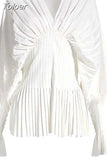 Fashion Women's Dress V-neck Long Sleeve Metal Buckle Belt Waist Knee-length Pleated White Dresses Female Spring 2023