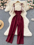 French Style Sexy Women Dress Summer 2022 Elastic Waist Pocket Temperament Elegant Solid Wide Leg Pants