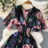 V-Neck Print Chiffon Dress Women's Waist Thin Temperament Lotus Leaf Side Short Sleeves To Close The First Love Fairy
