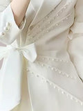 Fashion Women's Suit Dress Notched Collar Bow Lace Up Wait Spliced Pearls Pleated White Dresses Spring 2023 New