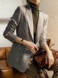 Fashion Women's Blazer Slim Notched Collar Single Button Folds Waist Straight Gray Suit Jackets Summer 2023 New