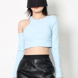 Casual Skinny Cut Out T Shirt For Women Round Neck Long Sleeve Solid Knitting T Shirts Female Summer Clothing