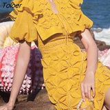 Yellow Lace Dress Women Puff Sleeve 2023 Vacation Elegant Mini Vestido Ladies Party High Waisted Street Bodycon