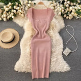 Spring Summer Dress Knitted Solid Sqaure Neck Sexy Bodycon Dresses for Women Stretch Vestidos Short Sleeve