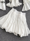 Spring Summer Long Flare Sleeve Slash Neck Slim Tops Short Mini Pleated Skirt Women Two Piece Set Outfits