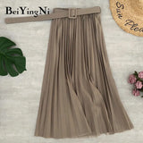 Women Pleated Midi Skirt High Waist Belt Korean Plus Size Spring Summer 2020 Casual Elegant Skirts Ladies Fashion