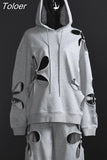 Fashion Women's Hooded Loose Round Neck Full Sleeve Irregular Hollow Out Flower Gray Thin Pullover Summer 2023 New