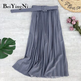 2020 Autumn Summer Women Skirt Midi With Belt Pleated Female Skirts Casual Luxury Korean Faldas Ladies Saias Chic