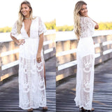 Sexy See Through Burgundy Lace Dress Women Summer High Waist V-neck Dress Elegant Christmas Maxi Long Dress