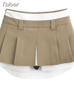 Fashion Women Mini Skirt Low Elastic Folds Contract Color Zipper Spliced Slim Cotton Skirts Summer 2023 New Tide