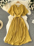 Women's Dress Temperament French Pleated Slim Long Vacation Style Chiffon Pleated Skirt Solid Color V-neck Women's