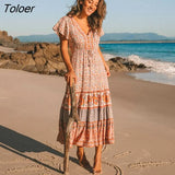 V-Neck Short Sleeve Summer Dress Floral Printed Bohemian Maxi Dresses Casual Beach Women Clothing 2023 Female