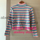 Rainbow Knitted Women Sweaters And Long Sleeve Casual O-Neck Pullovers Sueter Mujer Tops Striped Turtleneck