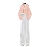 Pink Chiffon Shirt Strap Tank Top Wide Leg Pants Three Piece Elegant Women's Pants Set Casual Outfits Summer