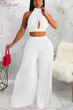 Spring Summer Two Piece Pant Suits Sexy Off The Shoulder Backless Crop Top and High Waist Pleated Wide Leg Long Trouser