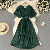 Pleated Dress Women Short Sleeve V Neck Solid A-line Dresses 2022 New Summer Chiffon Vacation Beach