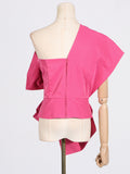 Toloer 2024 New Fashion Temperament Pure Color Asymmetric Collar Bow Decorative Splicing Design Sense Women's Top-Outfit