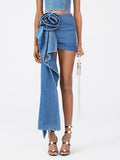 Fashion Women's Skirt High Waist Three-dimensional Rose Flower Asymmetric Blue Denim Short Skirts Summer 2023 New