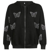 Gothic Black Hoodie y2k Women's Rhinestone Skull Casual Oversized Sweatshirt Punk E-girl Harajuku Long Sleeve