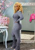 Casual Letter Print High Collar Long Sleeve Top And Stacked Pant Two Piece