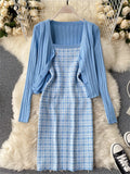Autumn Plaid Knitted Two Pieces Suits Women Long Sleeve Knit Cardigan+Slim Short Camis Dress Sweater Dress Sets