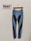 Fashion Women's Jeans High Waist Contrast Color Black Lace Patchwork Slim Denim Pencil Pants Summer 2023 New Tide