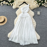 Spring New French Atmosphere Temperament Hollow Exposed Waist Thin Shoulder Irregular Chiffon Dress
