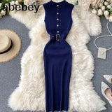 Knitted Sexy Club Sheath Bodycon Dresses Women Solid Sashes Stretch Button Vestidos 2022 Summer Robes