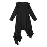 Women Black Irregular Hem Ruffles Dress New Round Neck Long Sleeve Loose Fit Fashion Tide Spring Autumn 2023