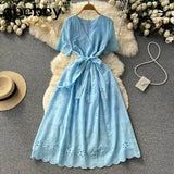 Green/White/Pink Summer New Lace Embroidery Dress Women Short Sleeves Dresses Female Vintage Party Beach Maxi Long