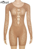 Summer Solid Hollow Out One Pieces Rompers Club For Women 2023 Long Sleeve See Through Slim Playsuits Elastic