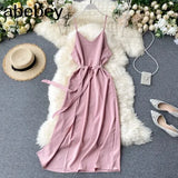 Style Sexy V-neck Slit long Dress Women's Summer elegant Plain Lace-up Waist Dress Office