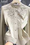 Blouses Womens Clothes Tops Vintage Blusas De Mujer Stand Collar Embroidery Blouse Korean Fashion Long Sleeve