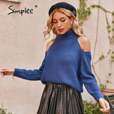 Casual turtleneck women's sweaters winter Elegant cut out long sleeve female pullover short Cold shoulder autumn