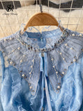 Chiffon Splice Midi Dress Summer Women 2022 Zipper Beading Long Sleeves Ladies Sexy A Line Elegant Slim