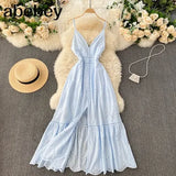 Summer Beach Hollow Out Long Dress Sexy Women V-Neck High Waist Single Breasted A-Line Big Swing Vestidos 2022 New