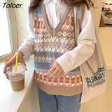 Vest Women V-neck All-match Preppy Style Print Teens Retro Chic Womens Simple Knitting Sleeveless Ulzzang Streetwear