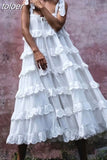 Elegant Patchwork Ruffles White Dress For Women Off Shoulder Sleeveless Oversized Dresses Female Fashion Clothes