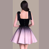 French Temperament Women Party Dress Suit Fashion Velvet Bow Sling Top + Gradient A-Line Mini Skirt Female 2 pcs
