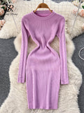 Women Striped Midi Sweater Dress Long Sleeve Elastic Waist Slim Warm Dress Fashion 2022 Ladies Thick Knitted